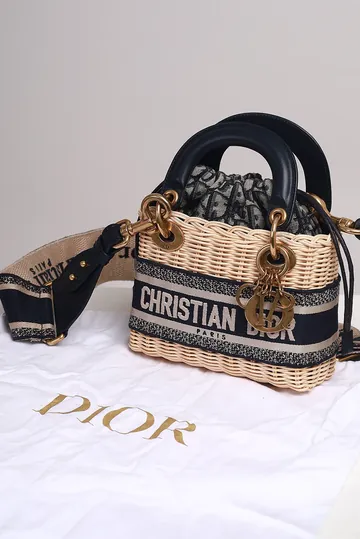 Bolsa Christian Dior Mini Lady Dior Rattan e Jacquard Azul