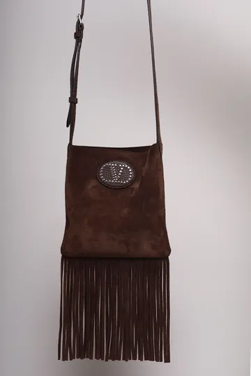 Bolsa Valentino Nellcôte Franjas Camurça Marrom