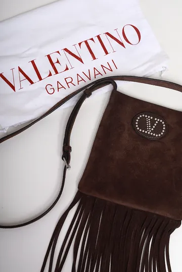 Bolsa Valentino Nellcôte Franjas Camurça Marrom