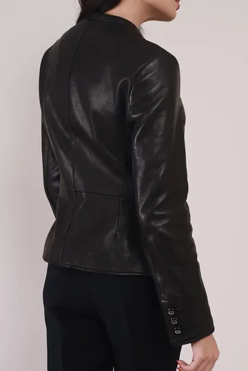Jaqueta Christian Dior Couro Peplum Botões Monograma Preta