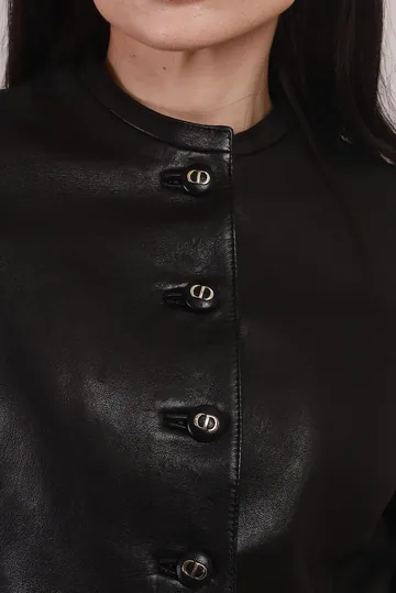 Jaqueta Christian Dior Couro Peplum Botões Monograma Preta