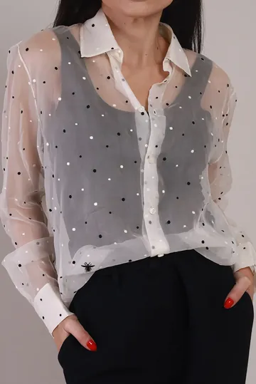 Camisa Christian Dior Organza Poá e Logo Bordado Branca