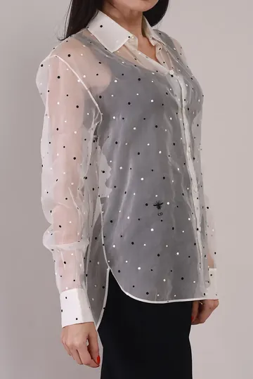 Camisa Christian Dior Organza Poá e Logo Bordado Branca
