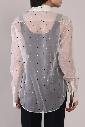 Camisa Christian Dior Organza Poá e Logo Bordado Branca