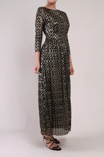 Vestido Mixed Chevron Metalizado Preto