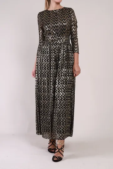 Vestido Mixed Chevron Metalizado Preto