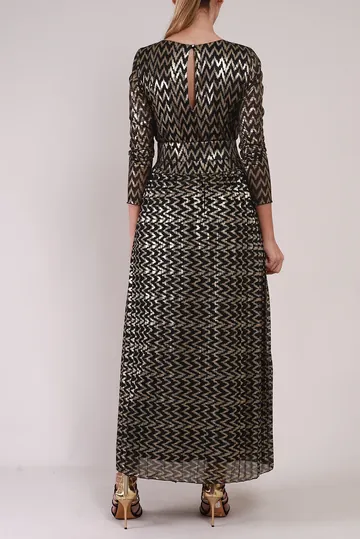 Vestido Mixed Chevron Metalizado Preto
