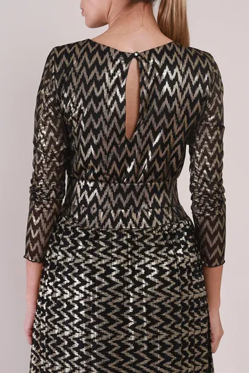 Vestido Mixed Chevron Metalizado Preto