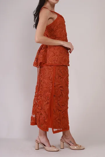 Conjunto Cris Barros Saia e Regata Bordados Terracota