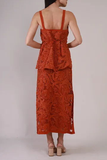 Conjunto Cris Barros Saia e Regata Bordados Terracota