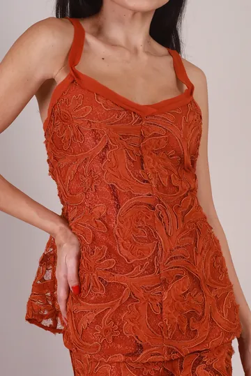 Conjunto Cris Barros Saia e Regata Bordados Terracota