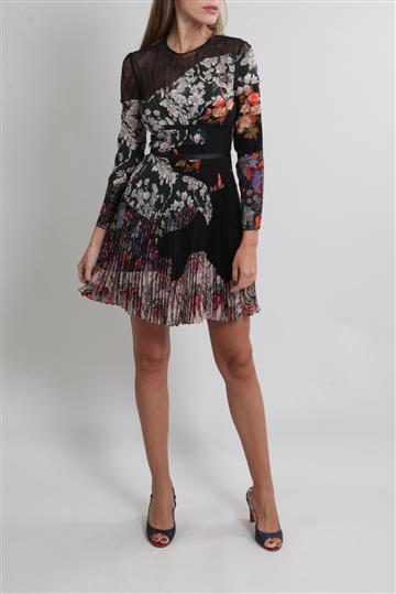 Vestido Valentino Seda Plissado Estampado Preto