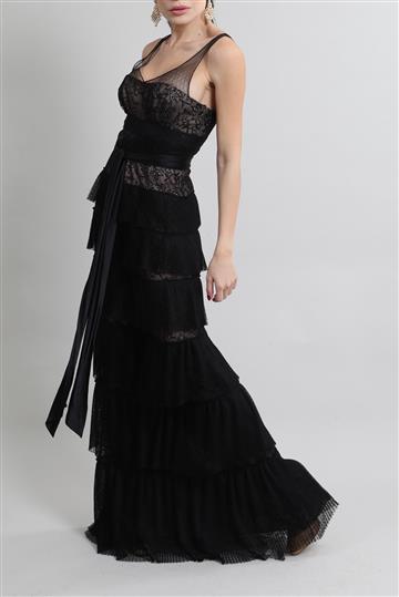 Vestido Achados da New Longo Renda e Babado Preto