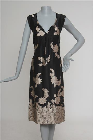 Vestido Seda Estampado Preto Bicolor