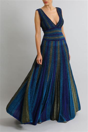 Vestido Achados da New Lurex Listrado Longo Azul