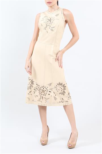 Vestido Cruise Midi Couro Recortado Bege