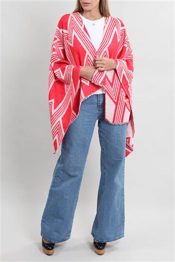 Casaco Maje Pelerine Bicolor Chevron Vermelho