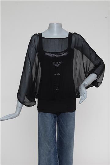 Blusa Seda Pura com Sobreposição Preta
