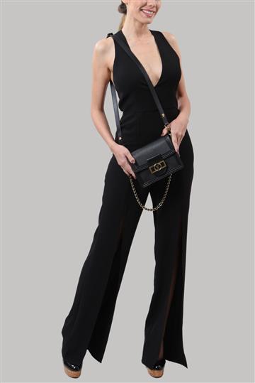 Macacão Halston Decote e Recortes Preto