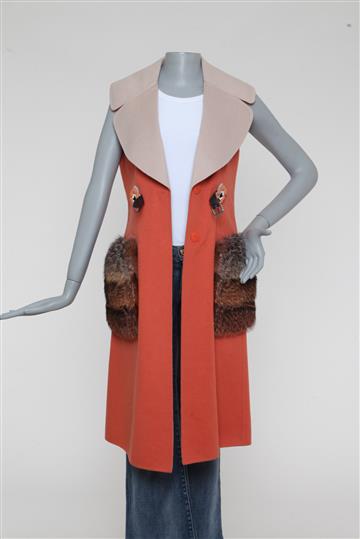 Colete Fendi Lã e Pele nos Bolsos Laranja