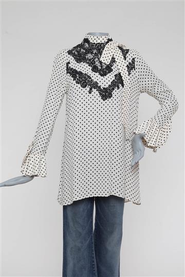 Blusa Valentino Túnica Poá e Renda Off-White