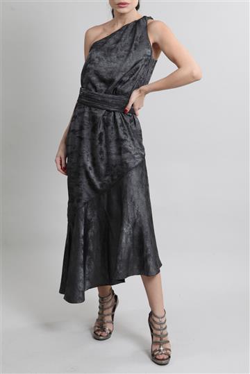 Vestido Mixed Um Ombro Só Metalizado Cinza