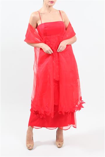 Vestido Walter Rodrigues Longo Renda e Echarpe Vermelho