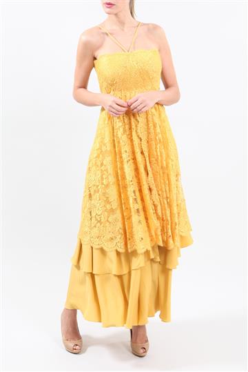 Vestido Walter Rodrigues Longo Renda e Seda Amarelo