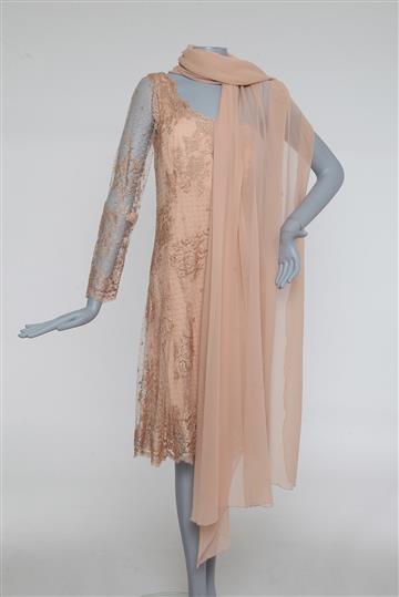 Vestido Walter Rodrigues Midi Renda com Echarpe Bege