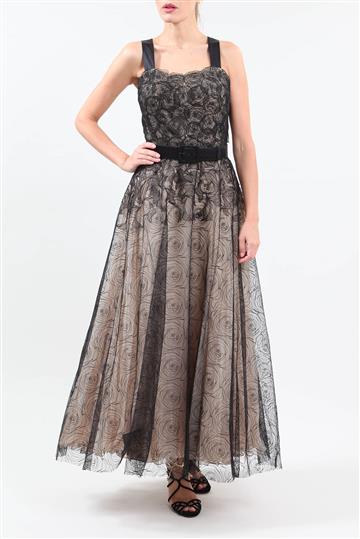 Vestido Walter Rodrigues Longo Renda Texturizada Preto Bicolor