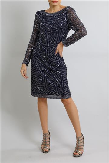 Vestido Aidan Mattox Manga Longa com Paetês Azul