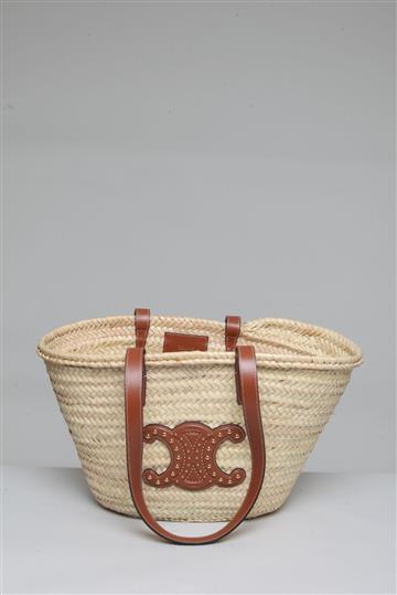 Bolsa Celine Triomphe Rafia Couro e Tachas Marrom