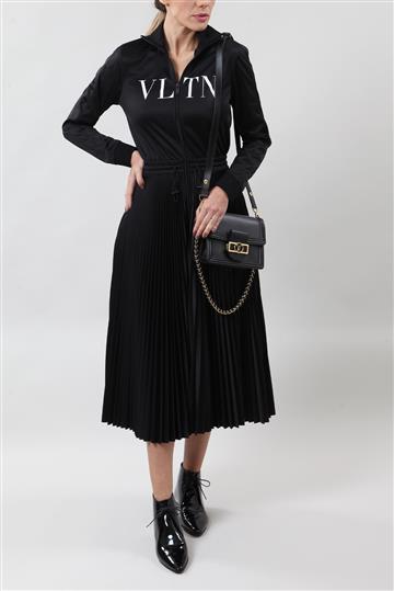 Vestido Valentino Pregueado com Logo Preto