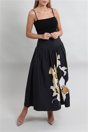 Vestido Cris Barros Saia Floral Midi Preto