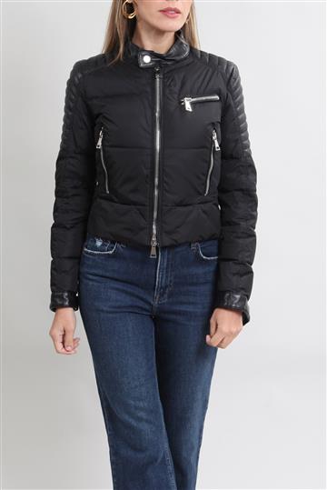 Casaco Moncler Puffer detalhes em Couro Preto