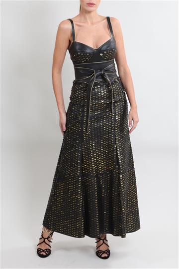 Conjunto Patricia Viera Body e Saia Longa em Couro com Esferas Preto