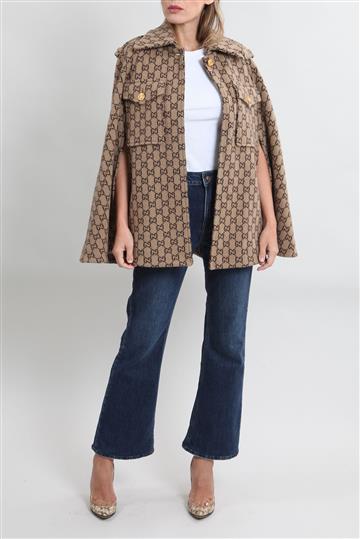 Casaco Gucci Pelerine Lã Monograma Bege