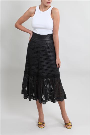 Saia Lica Melzer Midi em Couro com Recortes Preto