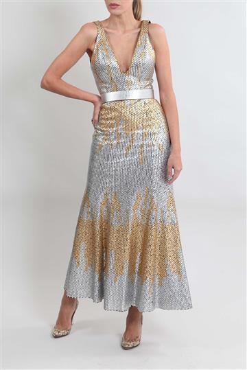Vestido Patricia Viera Longo em Couro com Aplicação de Esferas Metalizado
