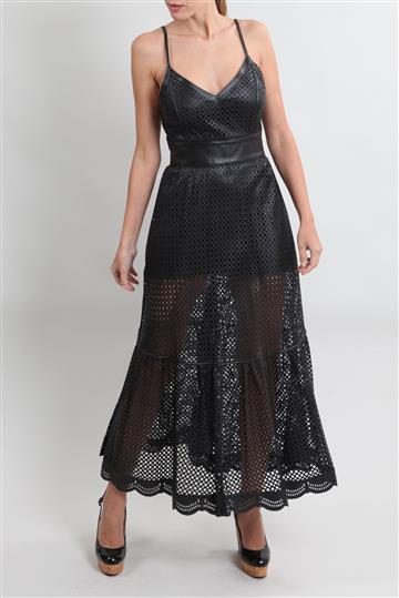 Vestido Lica Melzer Longo em Couro com Recortes Preto