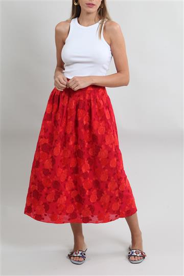 Saia Cris Barros Bordada Floral Vermelho