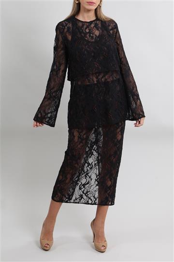 Conjunto Paula Raia Saia e Blusa Renda Preta