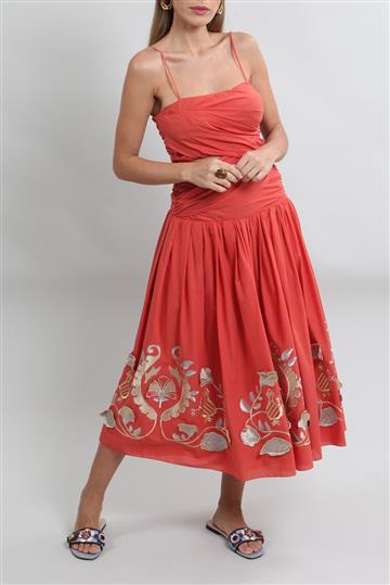 Vestido Cris Barros Algodão com Bordados Laranja