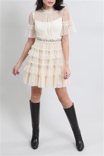 Vestido Needle and Thread Tule Babados e Brilho Off-White