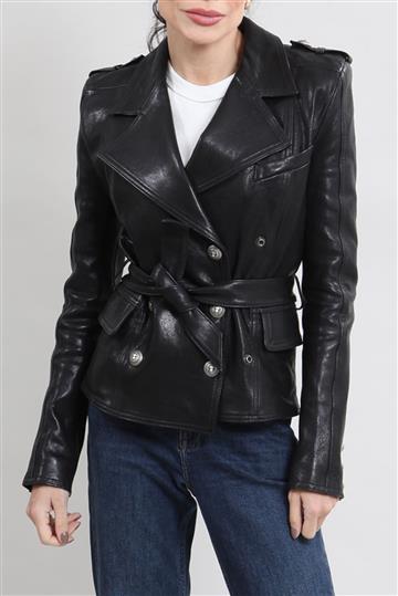 Jaqueta Balmain Couro Botões e Cinto Preto