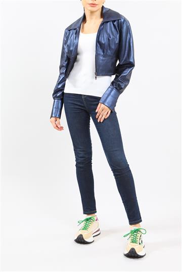 Jaqueta Andrea Bogosian Couro Metalizada Azul