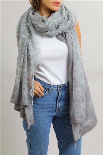 Lenço Valentino Estola Mohair e Renda Cinza