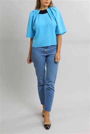 Blusa Balenciaga Crepe Mangas Pregueadas Azul
