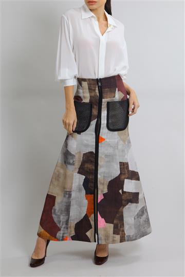 Saia Fendi Longa Canvas Zíper Cinza