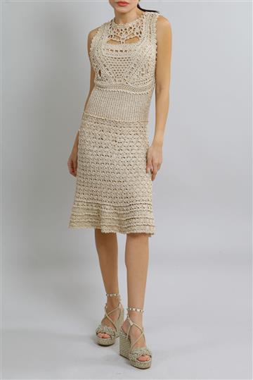 Vestido Vanessa Montoro Crochê de Seda Dourado